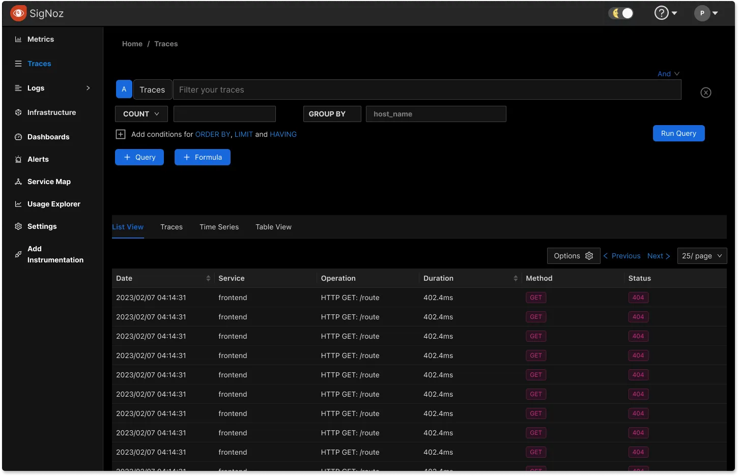 The new Trace explorer page in SigNoz